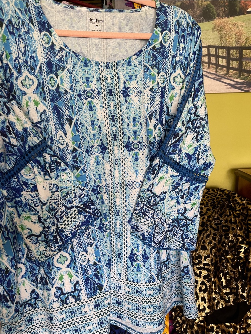 High Fifth Blue Printed Tunic with Green Accents with bell sleeves.